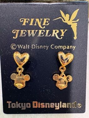 Vintage Gold Heart and Mickey Mouse Drop Earrings - Tokyo Disneyland